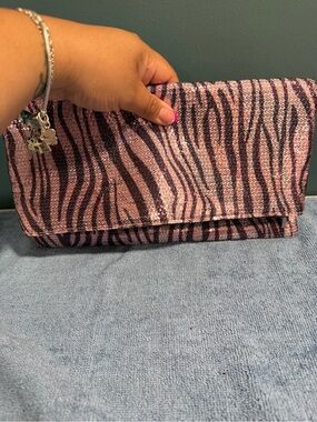 BCBG Sequin Zebra Print Pink Foldover Clutch